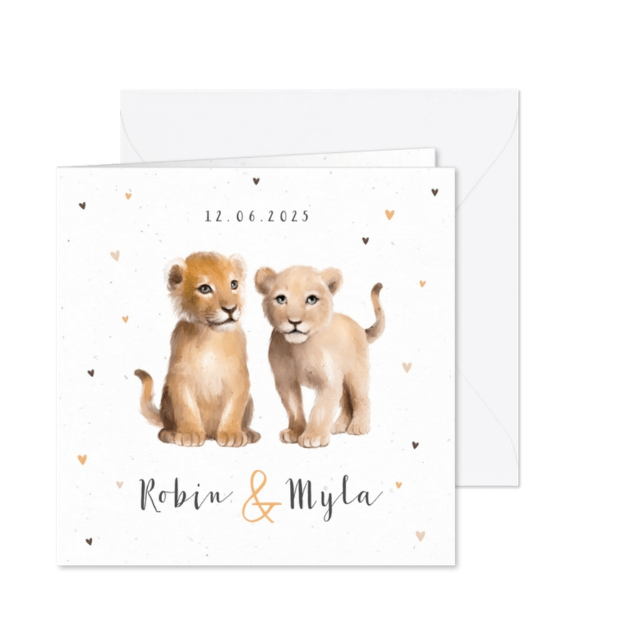 Geboortekaartje tweeling leeuw hartjes - Kaartimpressie