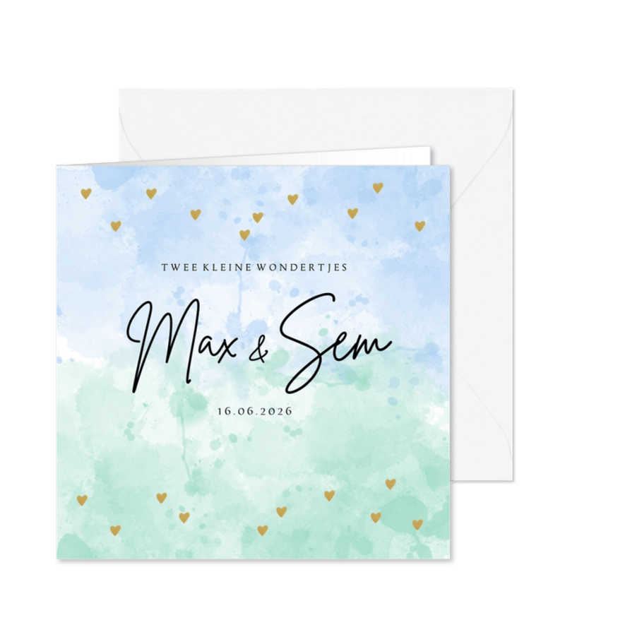 Geboortekaartje tweeling lichtblauw en mintgroen hartjes  - Kaartimpressie