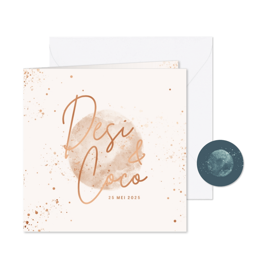 Geboortekaartje tweeling maan met koperspetters - Kaartimpressie