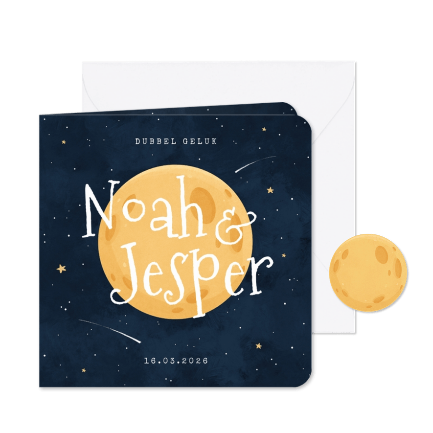 Geboortekaartje tweeling maan sterren universum - Kaartimpressie