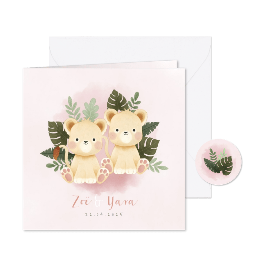 Geboortekaartje tweeling meisje leeuwtjes en junglebladeren - Kaartimpressie