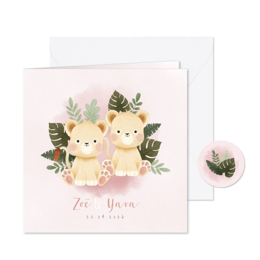 Geboortekaartje tweeling meisje leeuwtjes en junglebladeren - Kaartimpressie