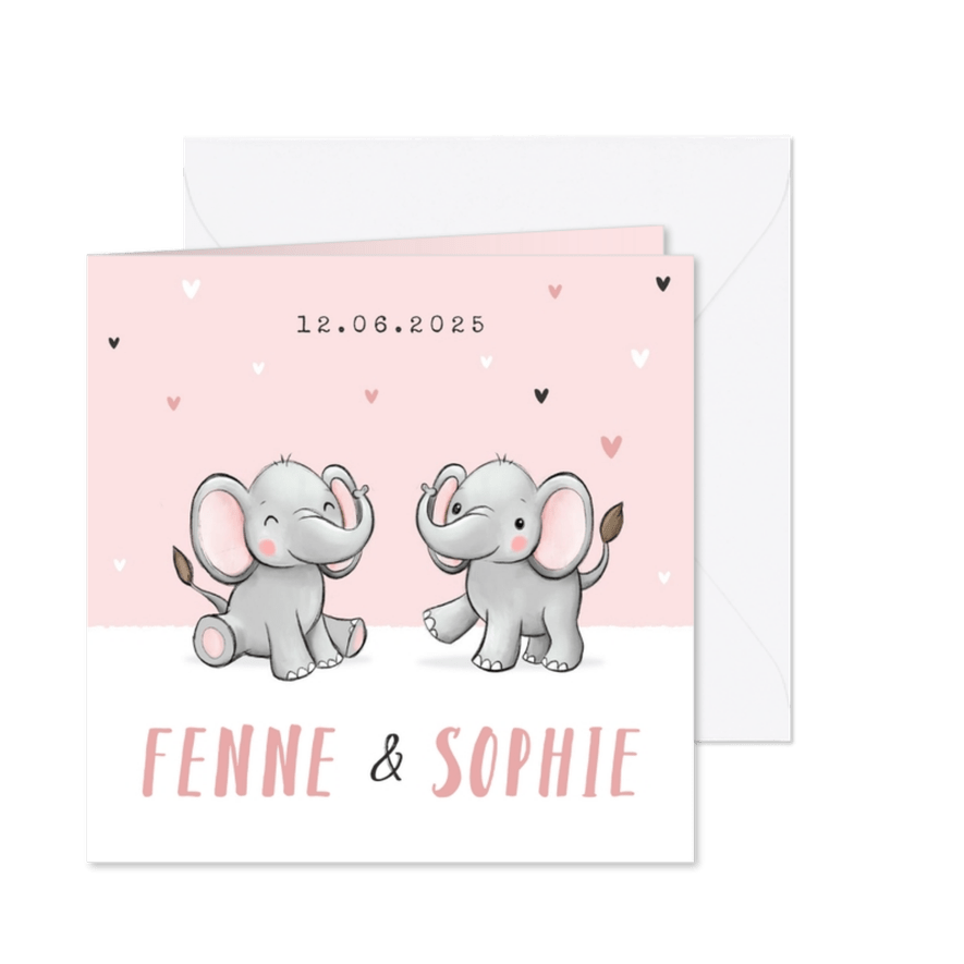 Geboortekaartje tweeling meisje olifantjes hartjes roze - Kaartimpressie