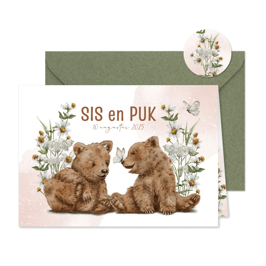 Geboortekaartje tweeling meisjes met beertjes en vlinders - Kaartimpressie
