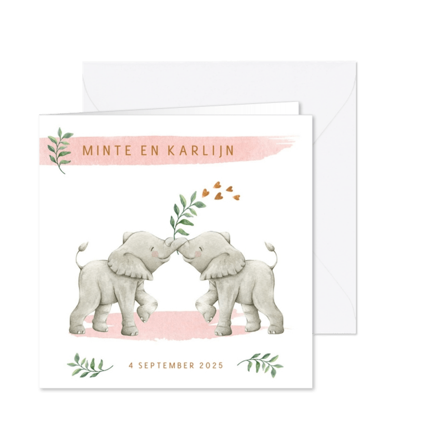 Geboortekaartje tweeling meisjes met lieve olifantjes - Kaartimpressie
