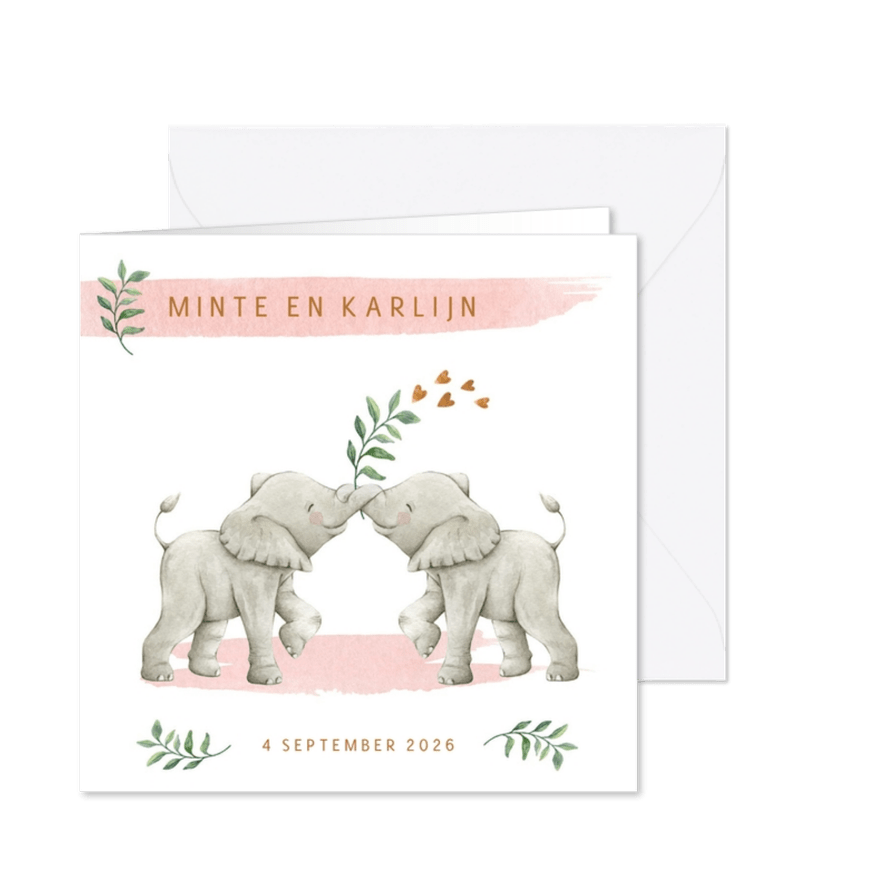 Geboortekaartje tweeling meisjes met lieve olifantjes - Kaartimpressie
