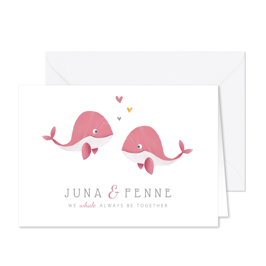 Geboortekaartje tweeling meisjes met schattige walvisjes! - Kaartimpressie