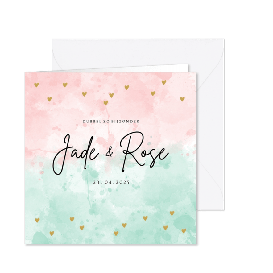 Geboortekaartje tweeling meisjes waterverf hartjes goudlook - Kaartimpressie