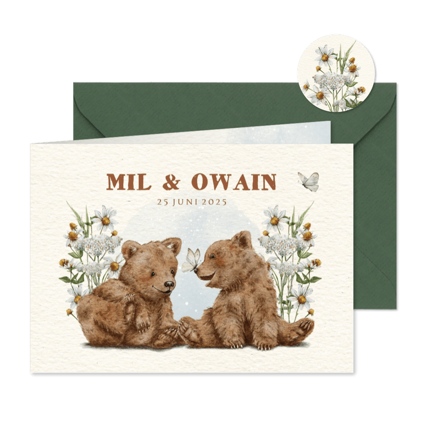 Geboortekaartje tweeling met beertjes en vlinders in bloemen - Kaartimpressie