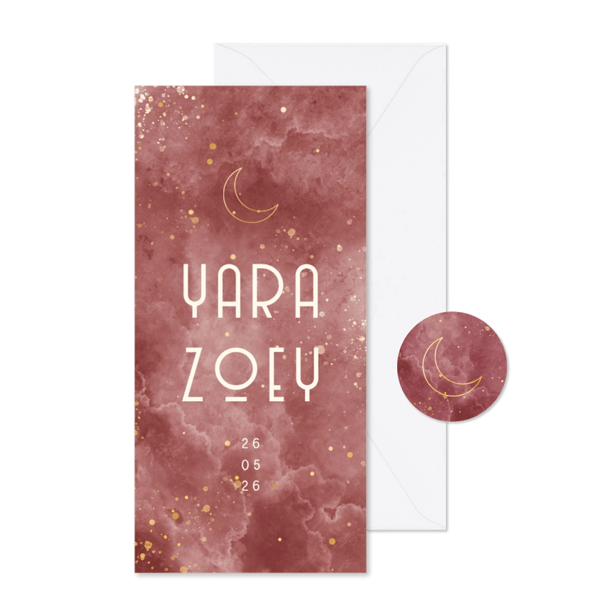 Geboortekaartje tweeling met gouden maan en wolkjes - Kaartimpressie