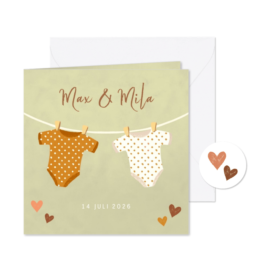 Geboortekaartje tweeling met rompertjes  - Kaartimpressie