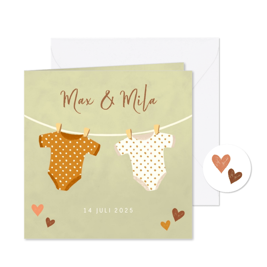 Geboortekaartje tweeling met rompertjes  - Kaartimpressie