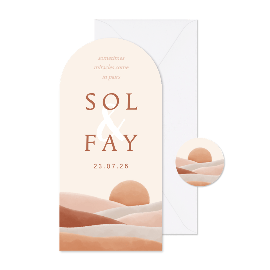 Geboortekaartje tweeling naturel landschap en zon boog - Kaartimpressie