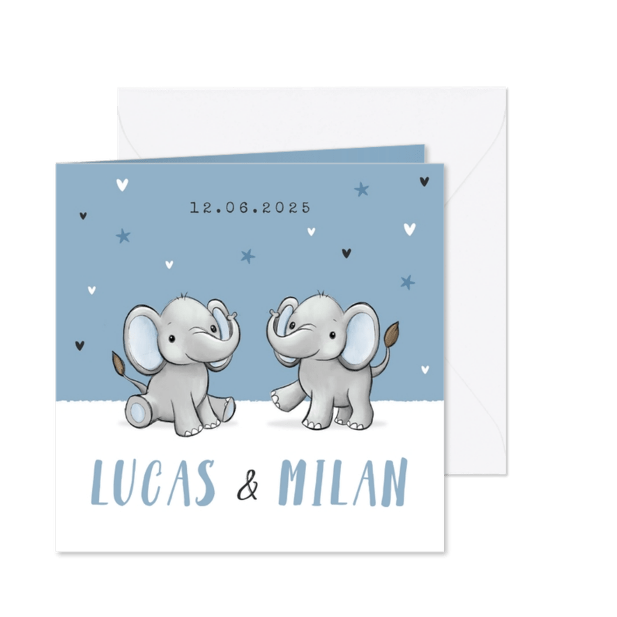 Geboortekaartje tweeling olifantjes blauw jongen sterren - Kaartimpressie