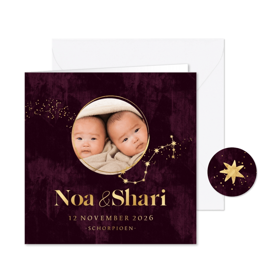 Geboortekaartje tweeling schorpioen astrologie goud ster - Kaartimpressie