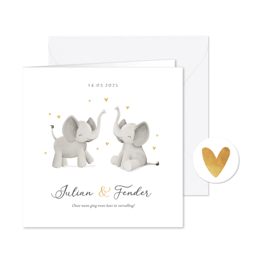 Geboortekaartje tweeling unisex olifantjes hartjes goud foto - Kaartimpressie