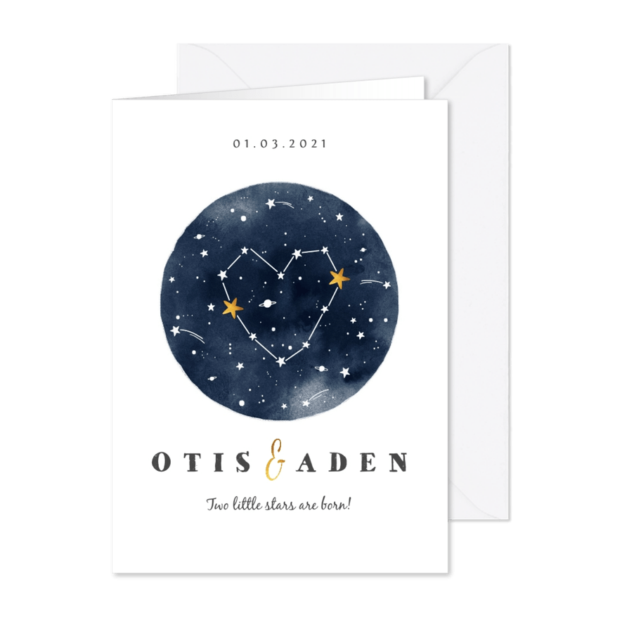 Geboortekaartje tweeling universum met sterren - Kaartimpressie