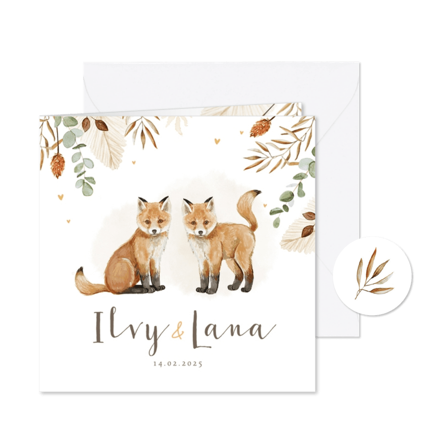 Geboortekaartje tweeling vosjes hartjes droogbloemen goud - Kaartimpressie