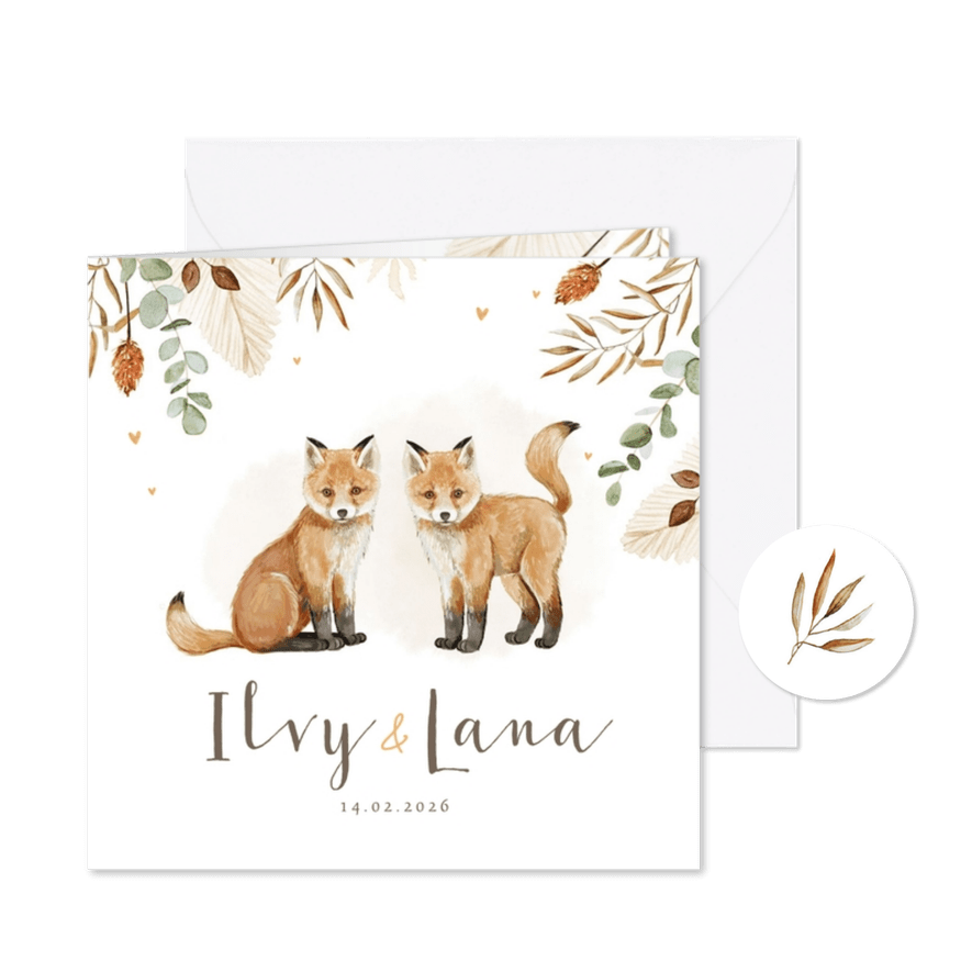 Geboortekaartje tweeling vosjes hartjes droogbloemen goud - Kaartimpressie