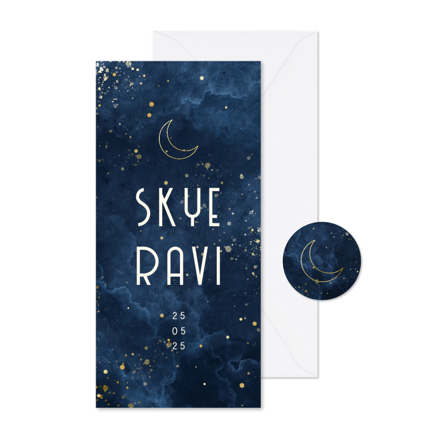 Geboortekaartje tweeling wolkjes met gouden maan - Kaartimpressie