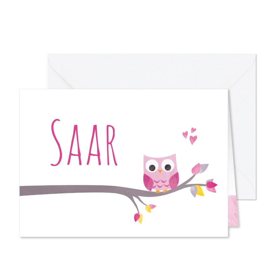 Geboortekaartje uiltje op tak - Kaartimpressie