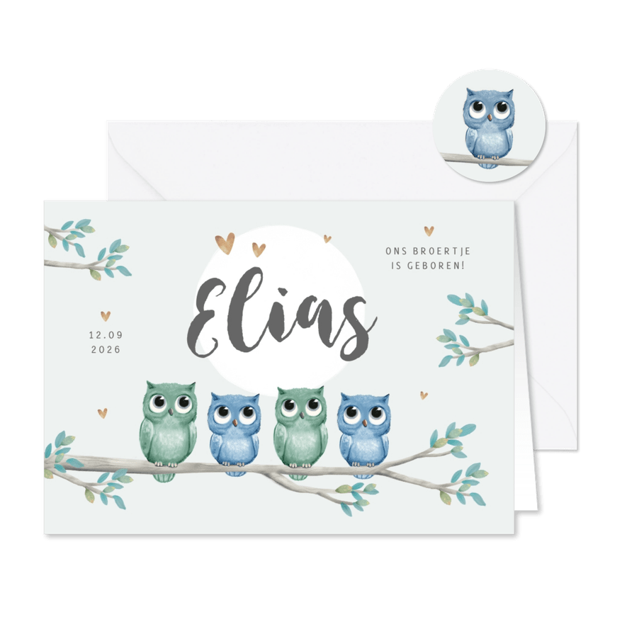Geboortekaartje uiltjes broertje bomen zon hartjes - Kaartimpressie