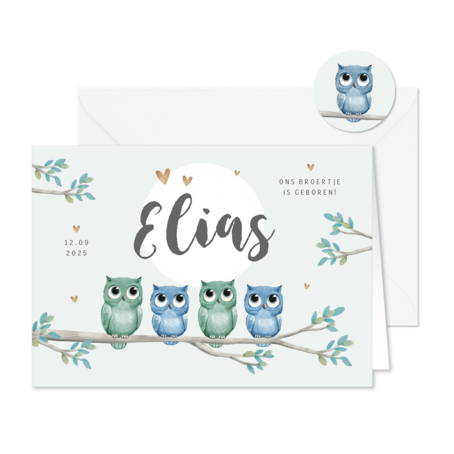 Geboortekaartje uiltjes broertje bomen zon hartjes - Kaartimpressie