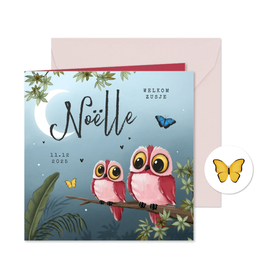 Geboortekaartje uiltjes zusjes nacht maan jungle - Kaartimpressie
