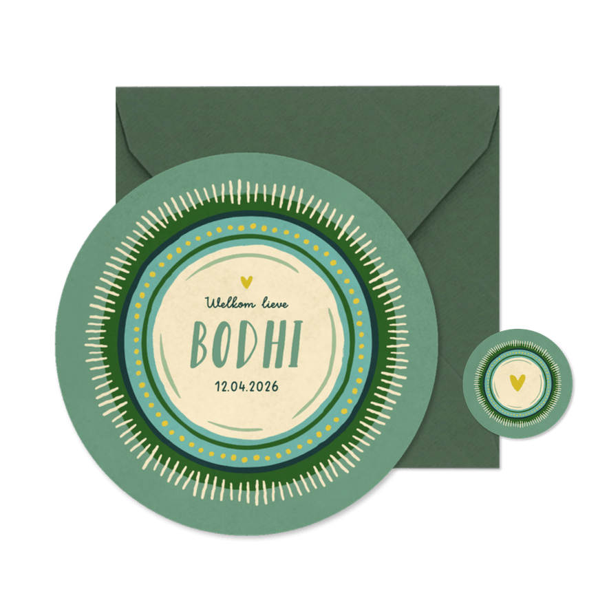 Geboortekaartje uniek bohemian in cirkelvorm groen kader - Kaartimpressie
