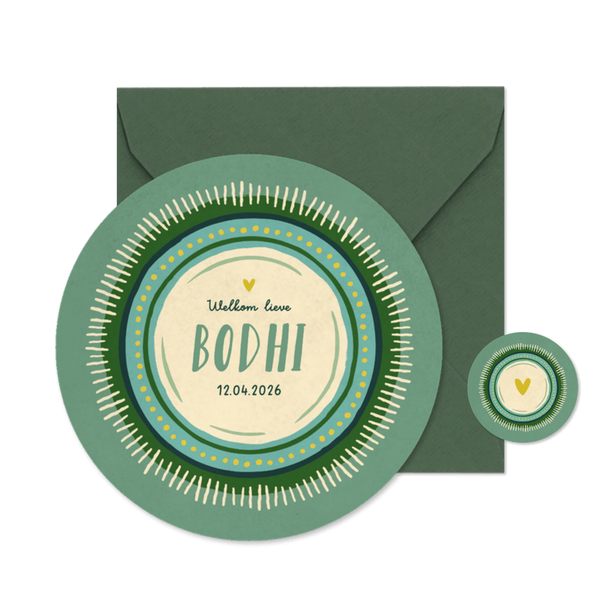 Geboortekaartje uniek bohemian in cirkelvorm groen kader - Kaartimpressie