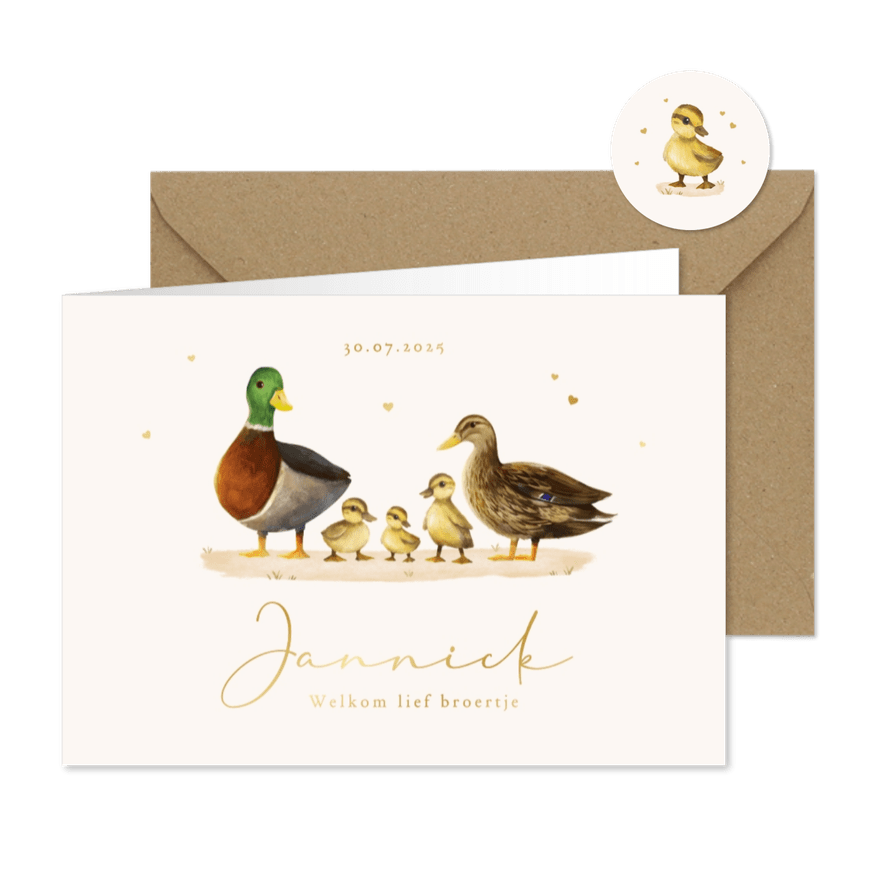 Geboortekaartje uniek eenden familie derde kindje hartjes - Kaartimpressie