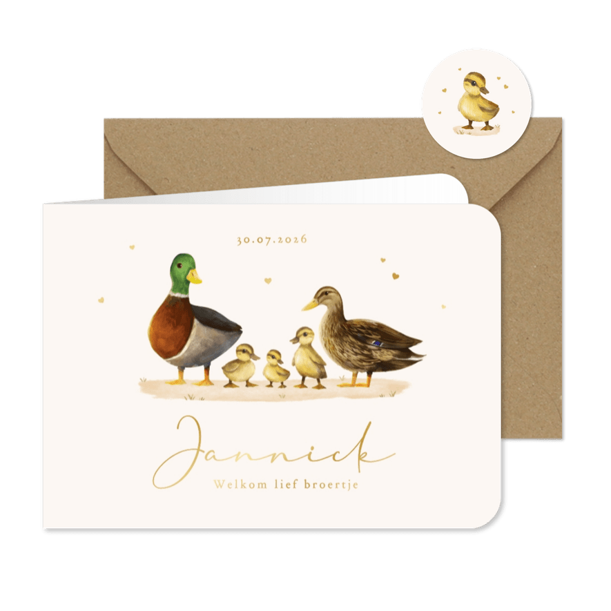Geboortekaartje uniek eenden familie derde kindje hartjes - Kaartimpressie