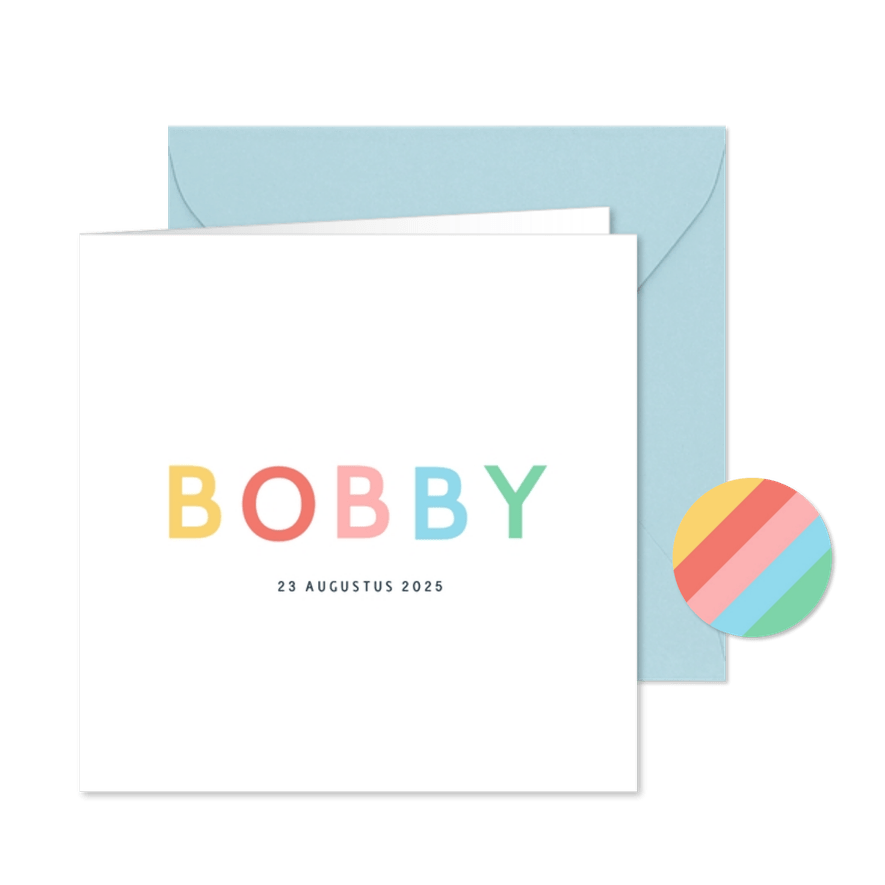 Geboortekaartje uniseks met gekleurde regenboog letters - Kaartimpressie