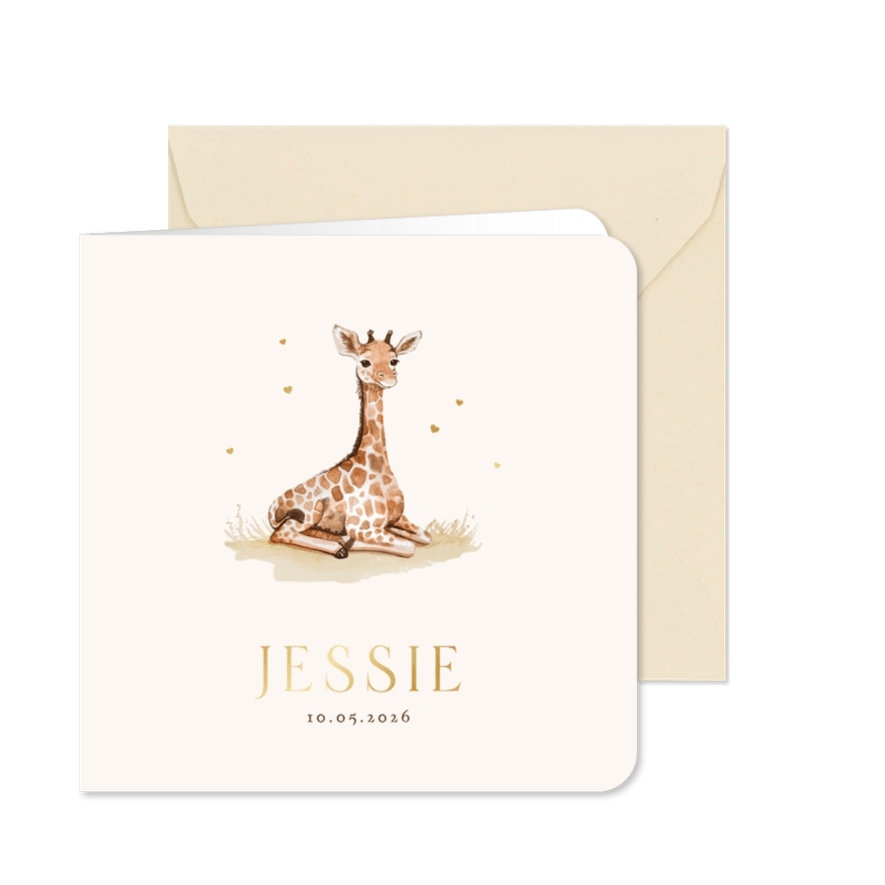 Geboortekaartje unisex baby giraf Afrikaans beige zand - Kaartimpressie