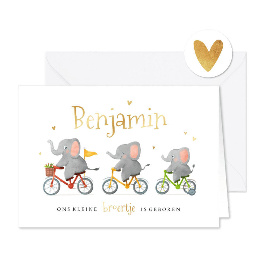 Geboortekaartje unisex broertje zusje dieren olifantjes goud - Kaartimpressie
