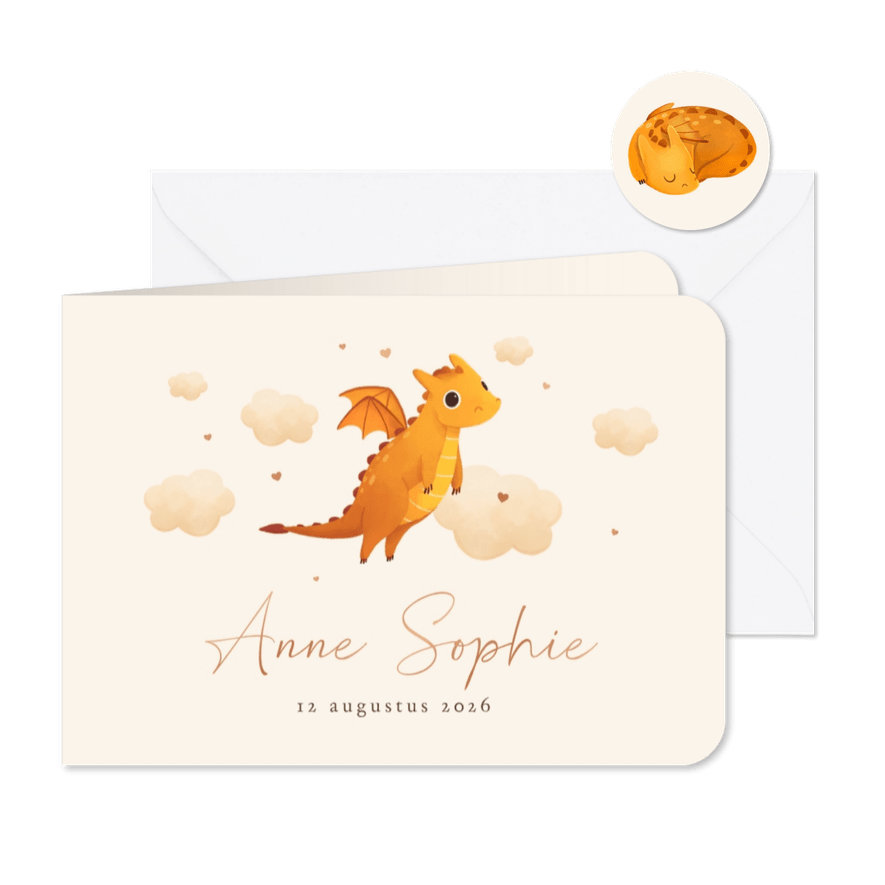 Geboortekaartje unisex draakje wolkje hartjes koper - Kaartimpressie