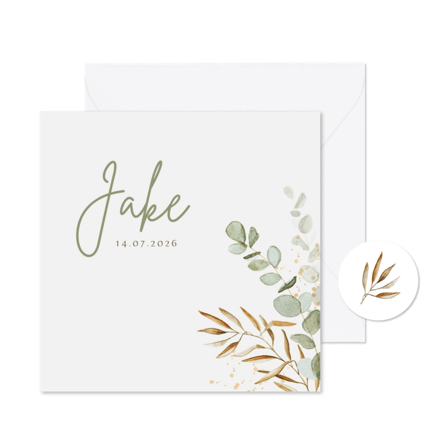 Geboortekaartje unisex eucalyptus goud spetters - Kaartimpressie