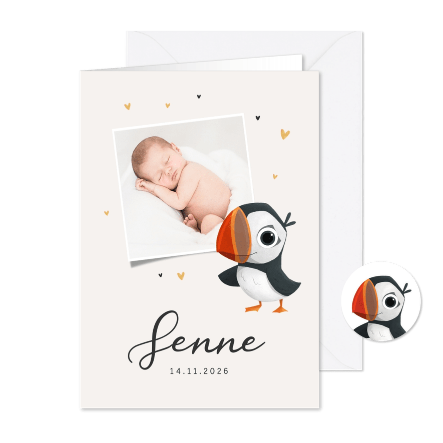Geboortekaartje unisex foto papegaaiduiker hartjes goud - Kaartimpressie