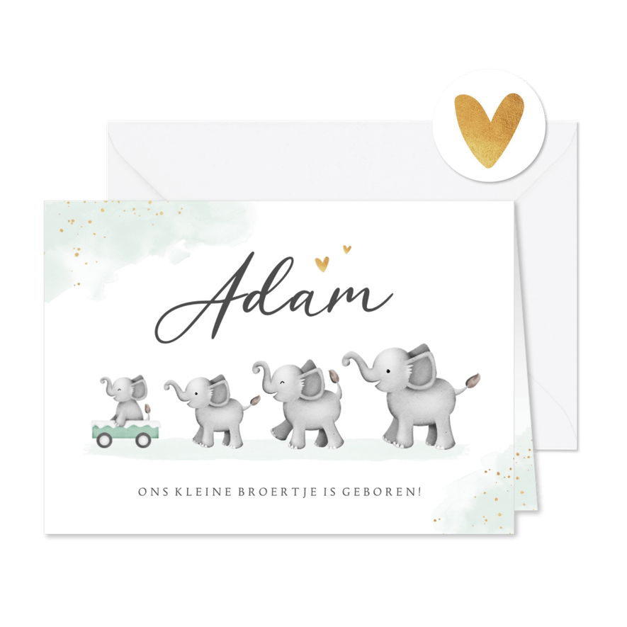 Geboortekaartje unisex goud waterverf olifantjes groot gezin - Kaartimpressie