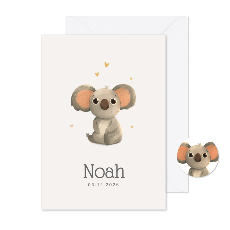 Geboortekaartje unisex koala goud hartjes - Kaartimpressie