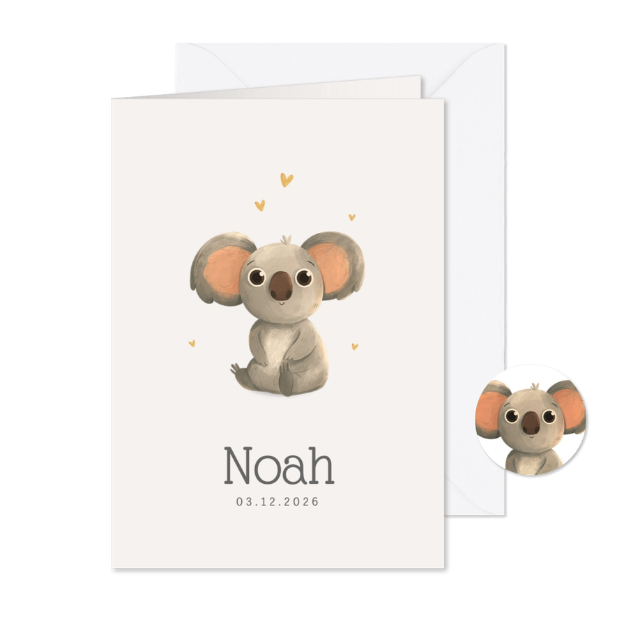 Geboortekaartje unisex koala goud hartjes - Kaartimpressie