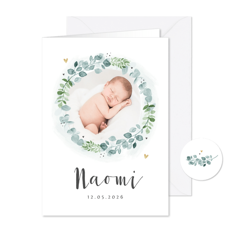 Geboortekaartje unisex krans eucalyptus foto hartjes - Kaartimpressie