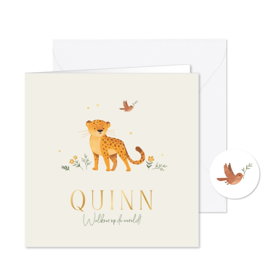 Geboortekaartje unisex luipaard jungle hartjes vogel - Kaartimpressie