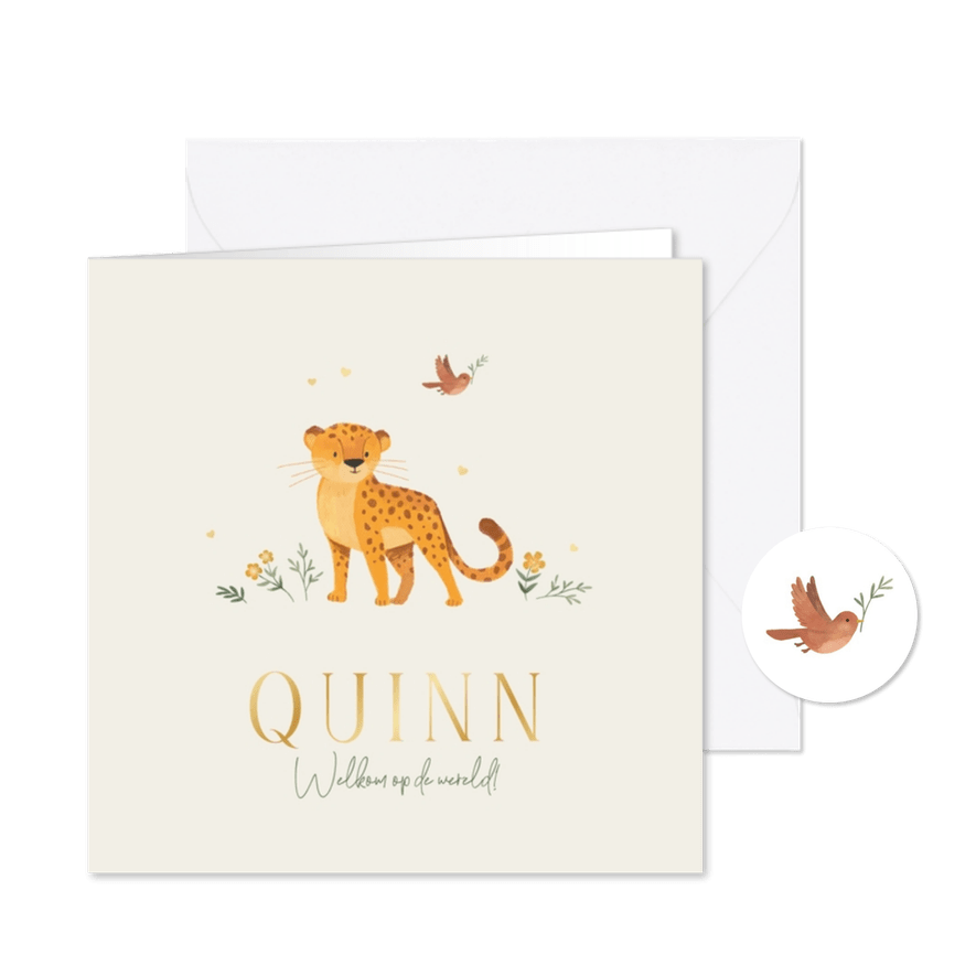 Geboortekaartje unisex luipaard jungle hartjes vogel - Kaartimpressie