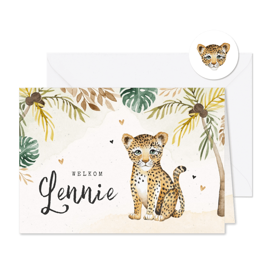 Geboortekaartje unisex luipaard tropisch waterverf - Kaartimpressie