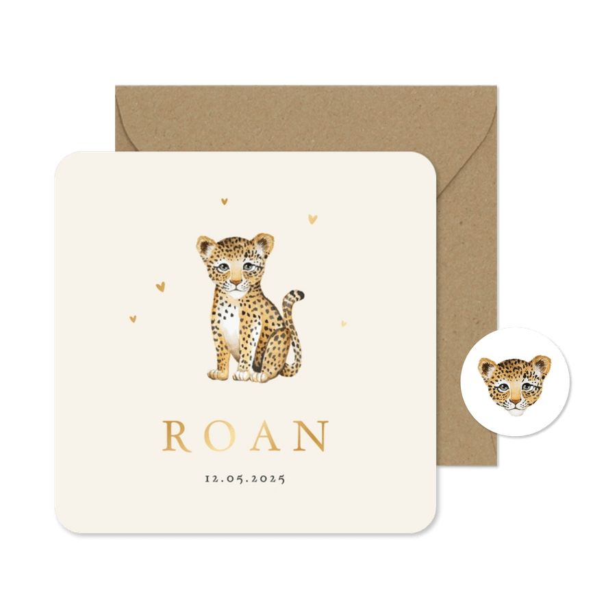 Geboortekaartje unisex luipaard waterverf dieren hartjes - Kaartimpressie