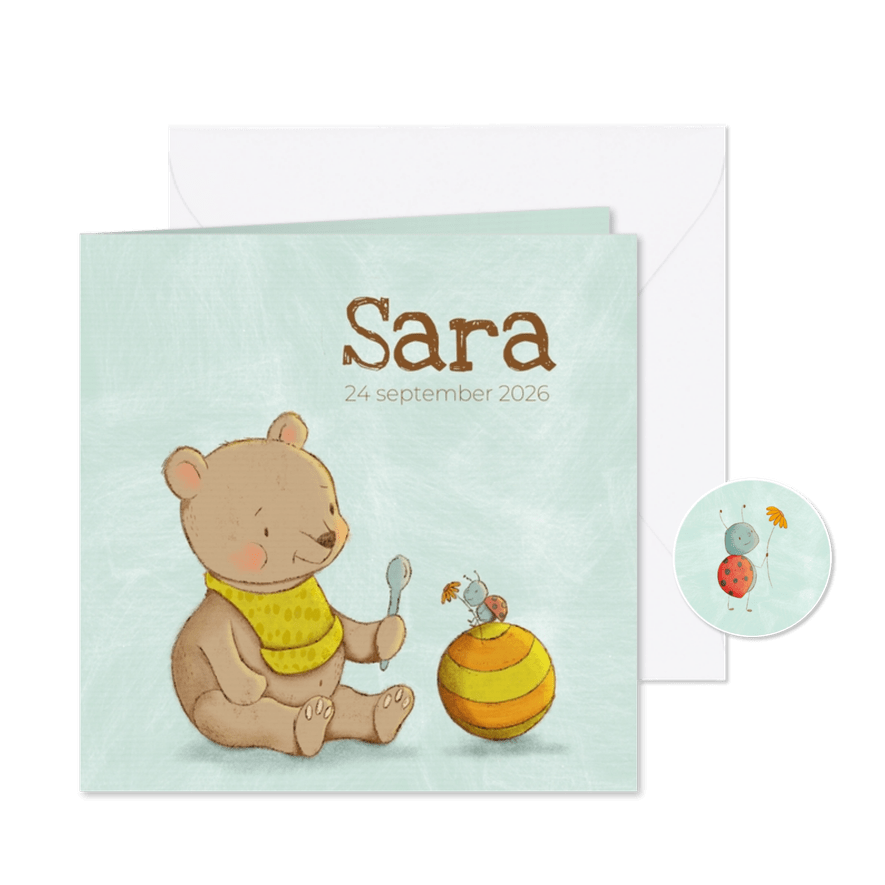 Geboortekaartje unisex met beer en lieveheersbeestje - Kaartimpressie