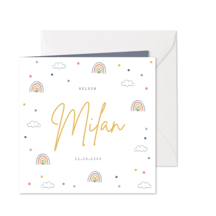 Geboortekaartje unisex regenboogjes wolkjes confetti - Kaartimpressie
