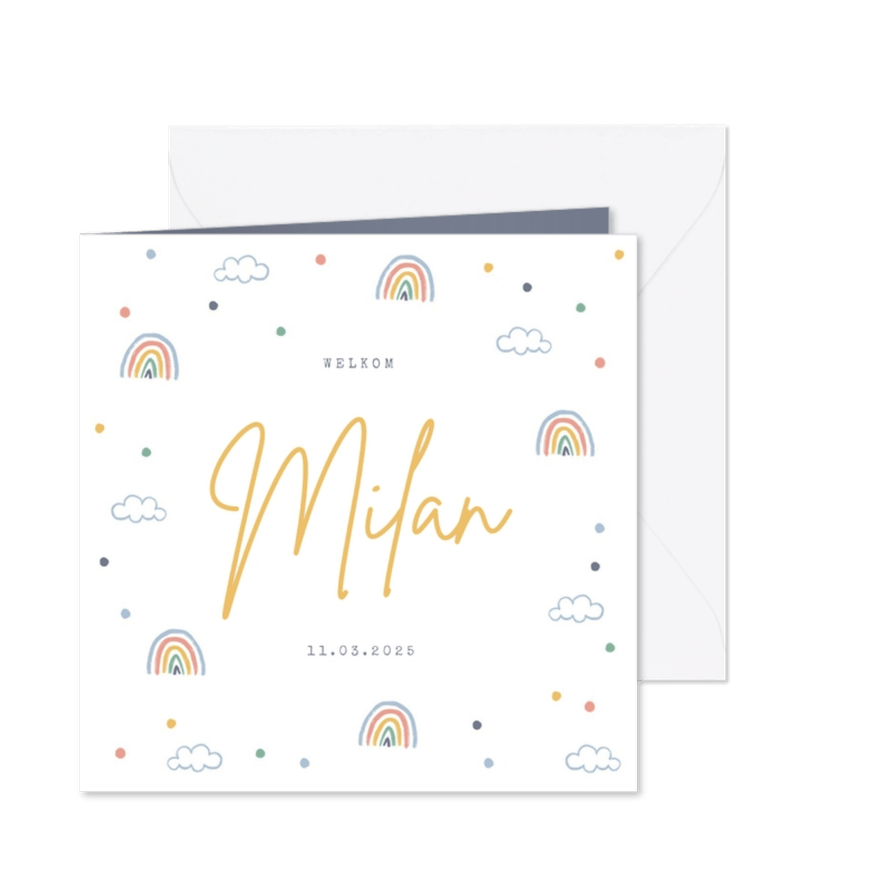 Geboortekaartje unisex regenboogjes wolkjes confetti - Kaartimpressie