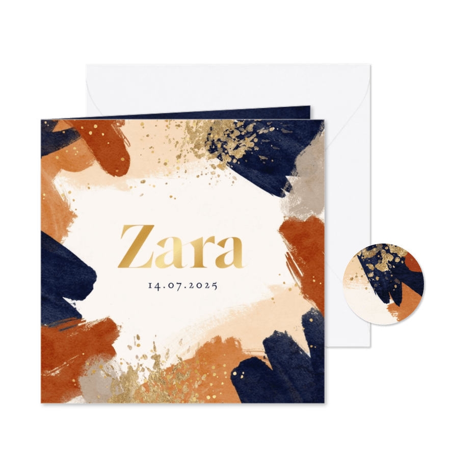 Geboortekaartje unisex verf goud koper blauw - Kaartimpressie